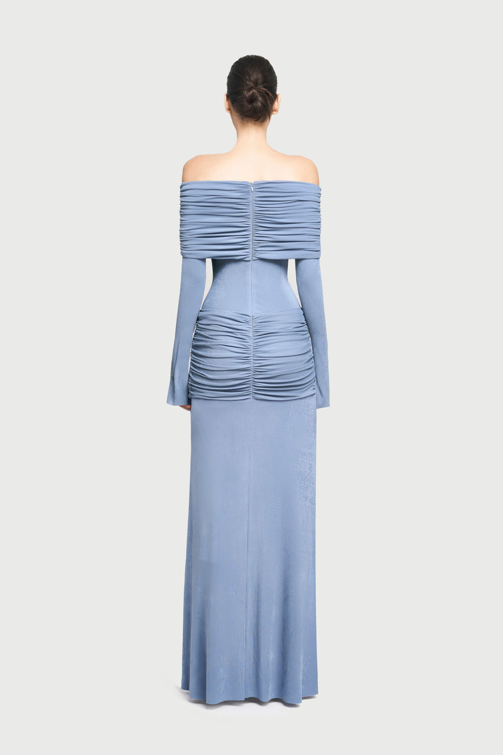 Bardot Off Shoulder Cross Twist Ruched Bodice Waist Gathered Long Sleeve Maxi Gown