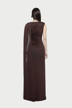 Sleeveless Asymmetric Single Cape Shoulder Diagonal Ruched Waist Metal Hardware Maxi Gown