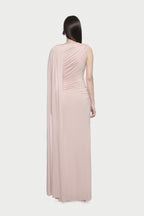 Sleeveless Asymmetric Single Cape Shoulder Diagonal Ruched Waist Metal Hardware Maxi Gown