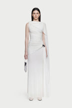 Sleeveless Asymmetric Single Cape Shoulder Diagonal Ruched Waist Metal Hardware Maxi Gown
