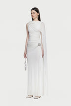 Sleeveless Asymmetric Single Cape Shoulder Diagonal Ruched Waist Metal Hardware Maxi Gown