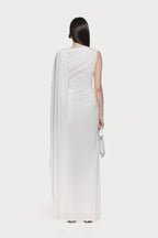 Sleeveless Asymmetric Single Cape Shoulder Diagonal Ruched Waist Metal Hardware Maxi Gown