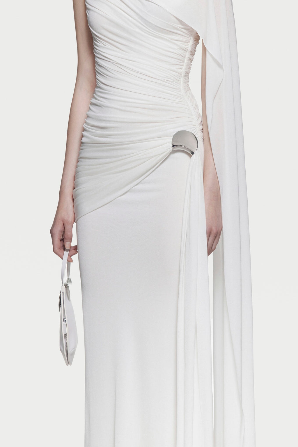 Sleeveless Asymmetric Single Cape Shoulder Diagonal Ruched Waist Metal Hardware Maxi Gown