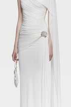 Sleeveless Asymmetric Single Cape Shoulder Diagonal Ruched Waist Metal Hardware Maxi Gown