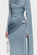 Long Sleeve Asymmetric Single Cape Sleeve Diagonal Ruched Waist Silver Hardware Maxi Gow