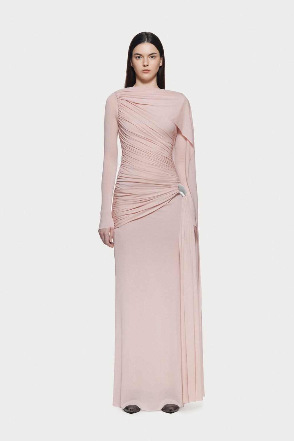 Long Sleeve Asymmetric Single Cape Sleeve Diagonal Ruched Waist Silver Hardware Maxi Gow