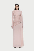 Long Sleeve Asymmetric Single Cape Sleeve Diagonal Ruched Waist Silver Hardware Maxi Gow