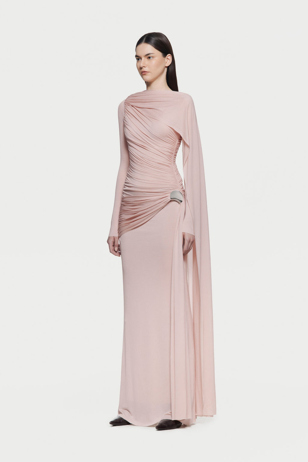 Long Sleeve Asymmetric Single Cape Sleeve Diagonal Ruched Waist Silver Hardware Maxi Gow
