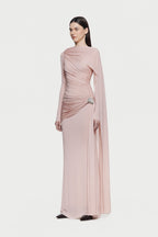 Long Sleeve Asymmetric Single Cape Sleeve Diagonal Ruched Waist Silver Hardware Maxi Gow