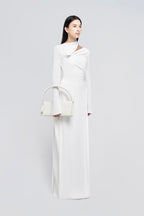 Minimalist Cross Wrap Gathered Bodice Flared Cuff Stretch Knit Formal Long Dress