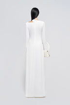 Minimalist Cross Wrap Gathered Bodice Flared Cuff Stretch Knit Formal Long Dress