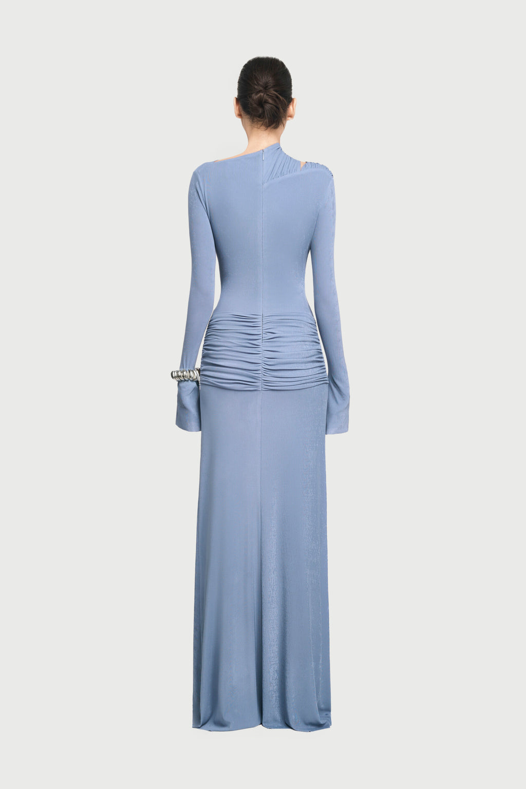Boat Neck Shoulder Cutout Metal Ring Hardware Diagonal Wrap Ruched Waist Flare Long Sleeve Maxi Gown