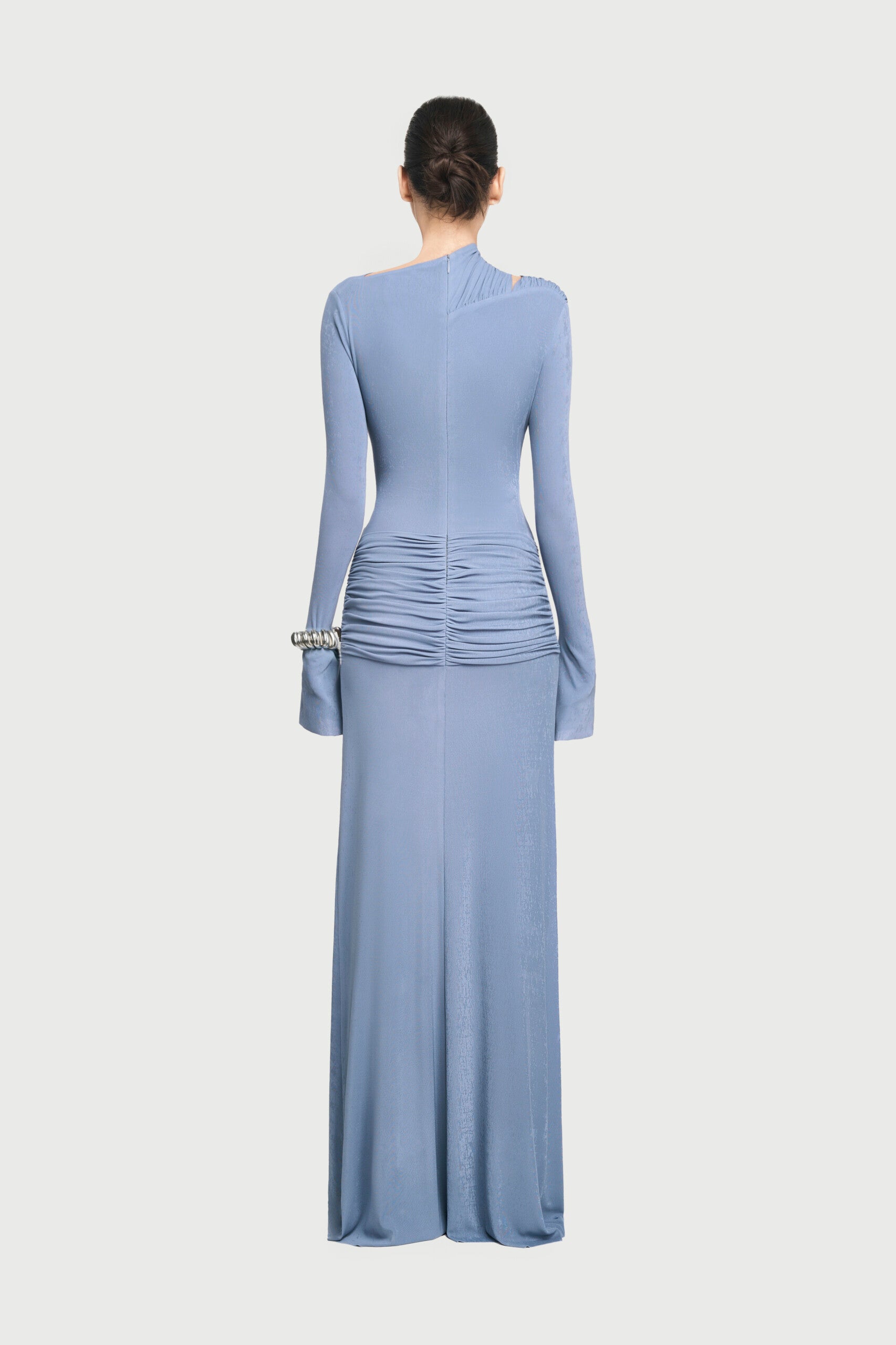 Boat Neck Shoulder Cutout Metal Ring Hardware Diagonal Wrap Ruched Waist Flare Long Sleeve Maxi Gown