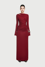 Boat Neck Shoulder Cutout Metal Ring Hardware Diagonal Wrap Ruched Waist Flare Long Sleeve Maxi Gown