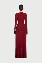 Boat Neck Shoulder Cutout Metal Ring Hardware Diagonal Wrap Ruched Waist Flare Long Sleeve Maxi Gown