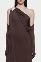 Asymmetric Single Shoulder Diagonal Ruched Slim Fit Floor Length Dress