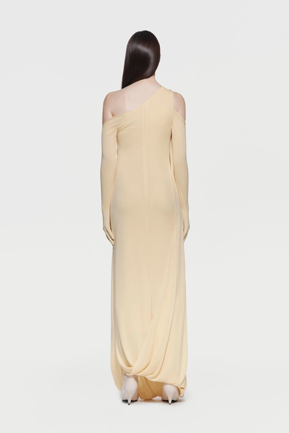 Asymmetric Single Shoulder Diagonal Ruched Slim Fit Floor Length Dress
