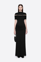 High Neck Chest Cutout Waist Tiered Ruched Floor Length Formal Gown