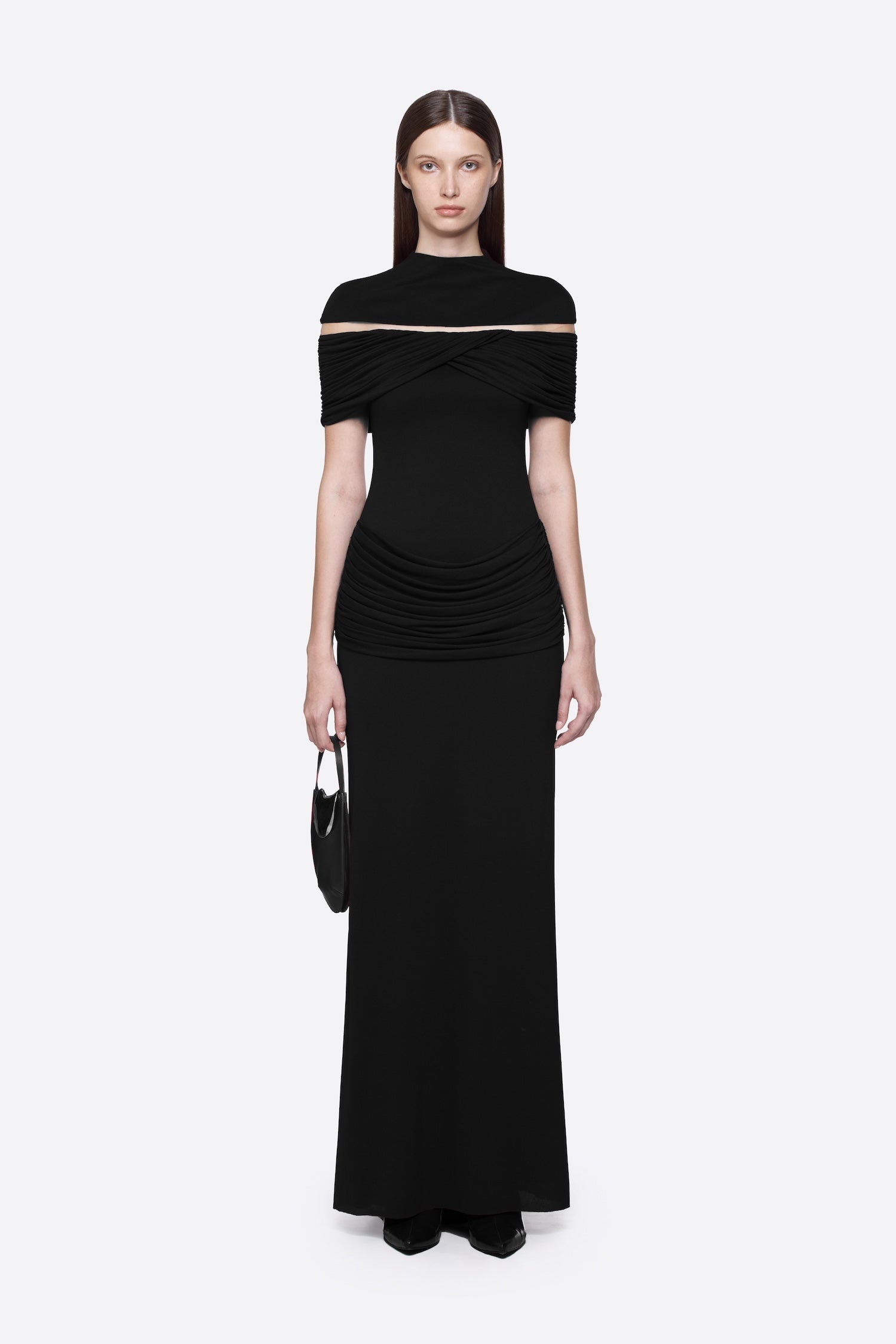 High Neck Chest Cutout Waist Tiered Ruched Floor Length Formal Gown