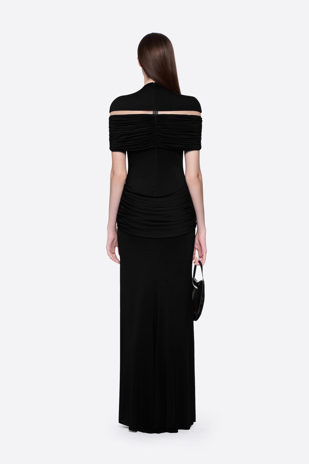 High Neck Chest Cutout Waist Tiered Ruched Floor Length Formal Gown