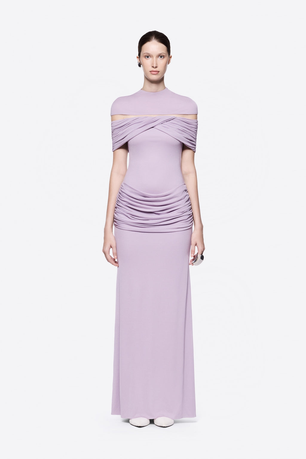 High Neck Chest Cutout Waist Tiered Ruched Floor Length Formal Gown