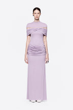High Neck Chest Cutout Waist Tiered Ruched Floor Length Formal Gown