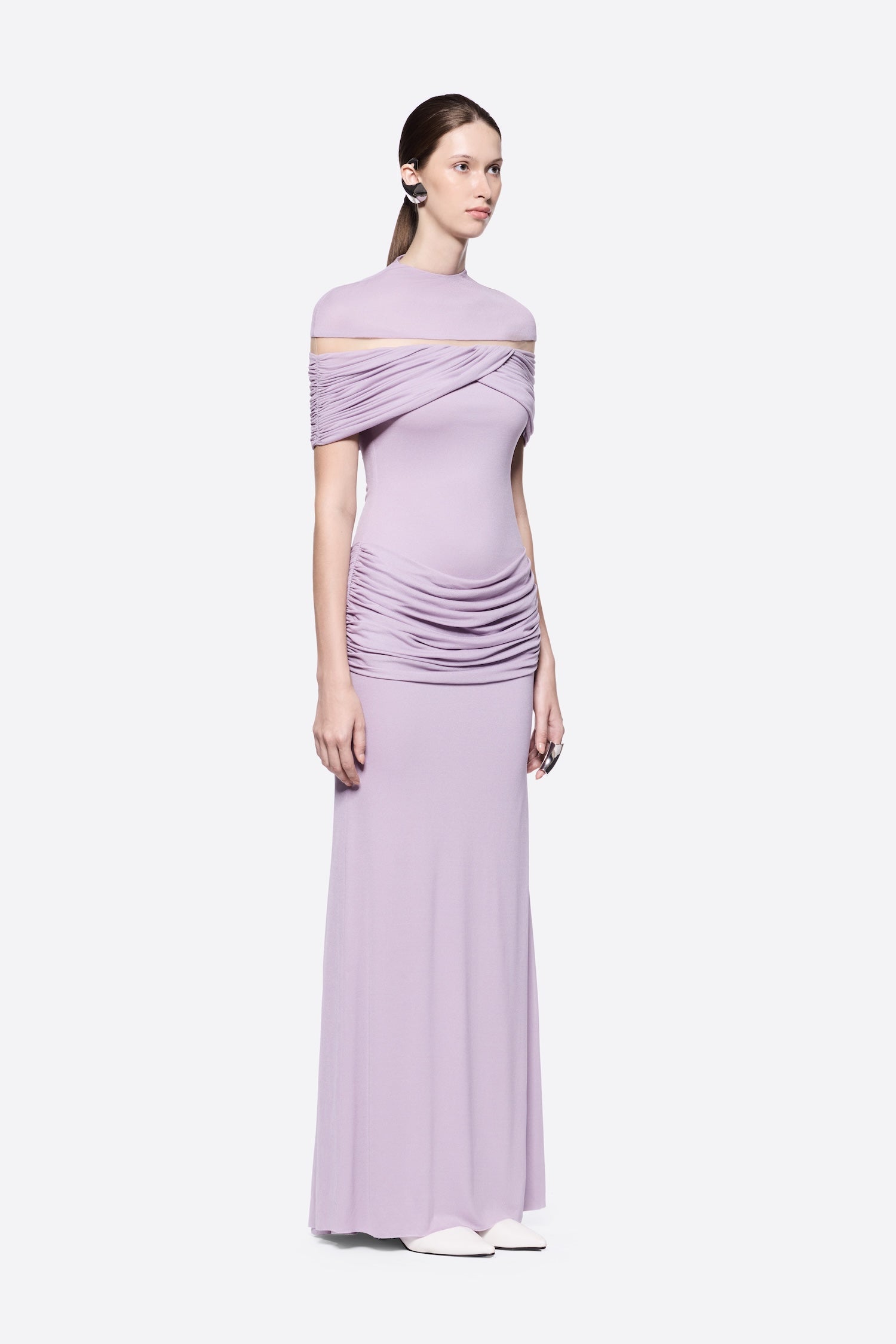 High Neck Chest Cutout Waist Tiered Ruched Floor Length Formal Gown
