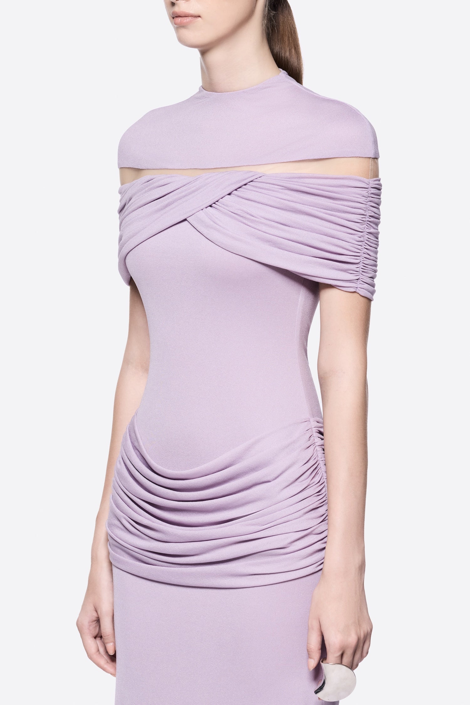 High Neck Chest Cutout Waist Tiered Ruched Floor Length Formal Gown