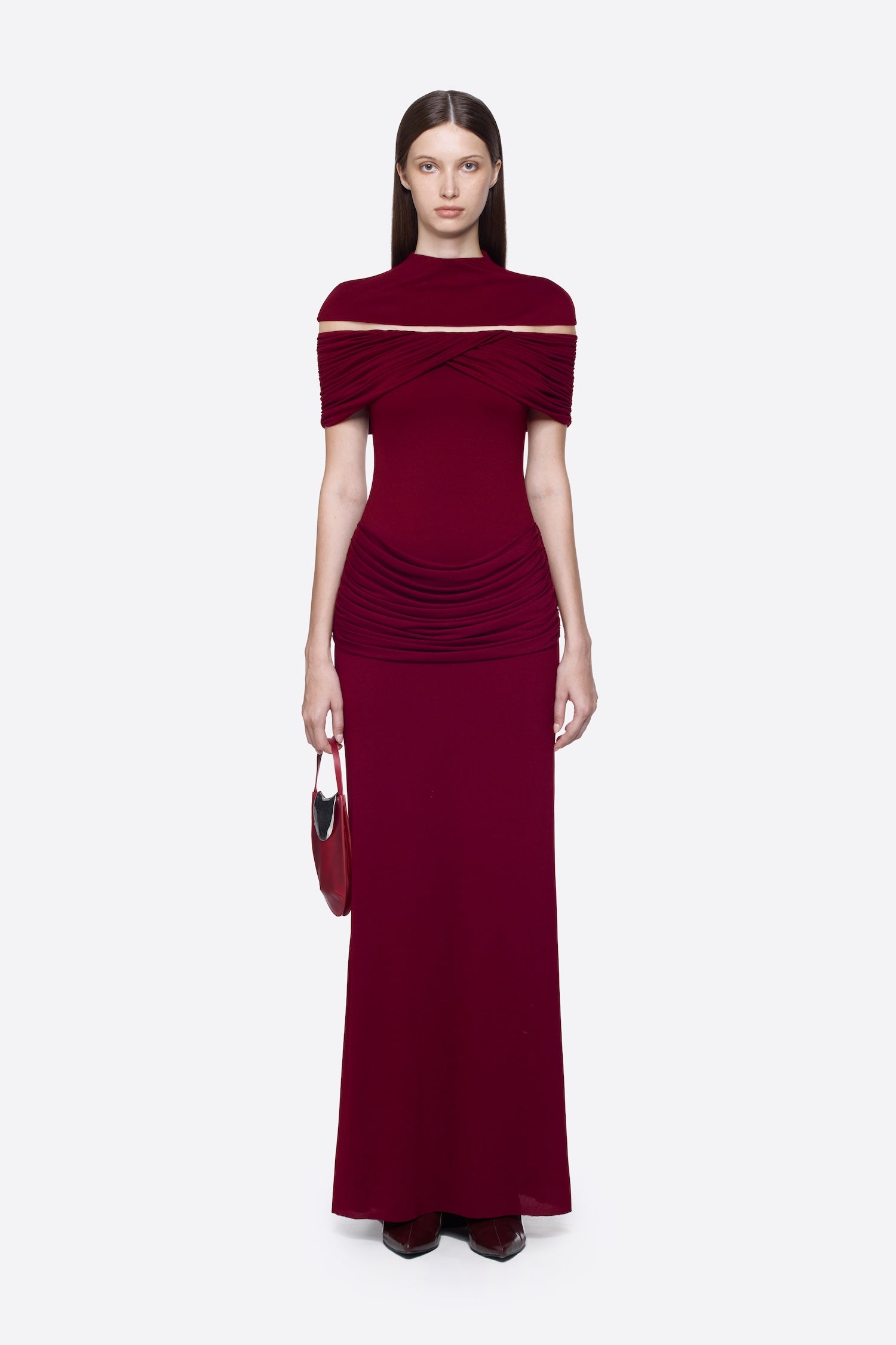 High Neck Chest Cutout Waist Tiered Ruched Floor Length Formal Gown
