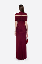 High Neck Chest Cutout Waist Tiered Ruched Floor Length Formal Gown