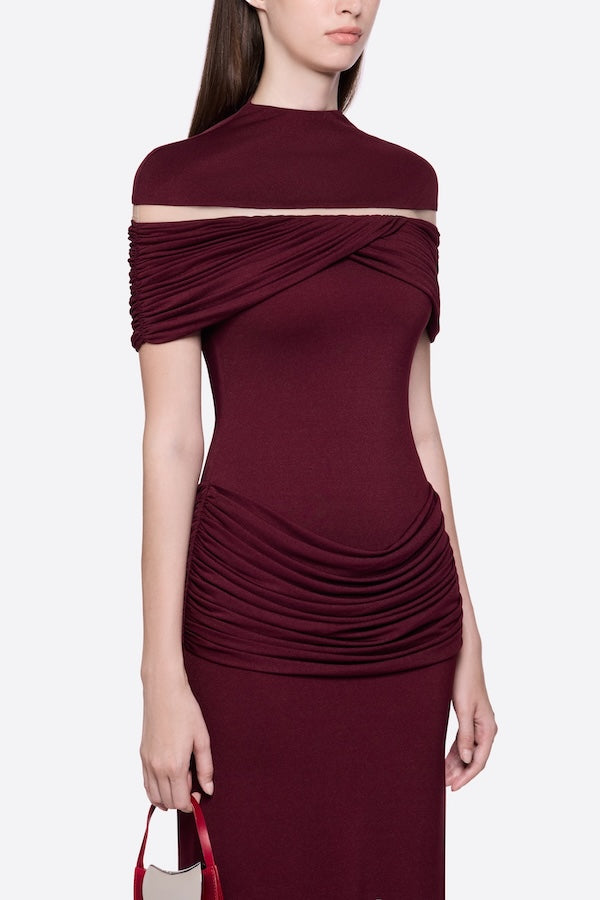 High Neck Chest Cutout Waist Tiered Ruched Floor Length Formal Gown