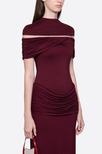 High Neck Chest Cutout Waist Tiered Ruched Floor Length Formal Gown