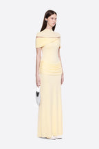 High Neck Chest Cutout Waist Tiered Ruched Floor Length Formal Gown