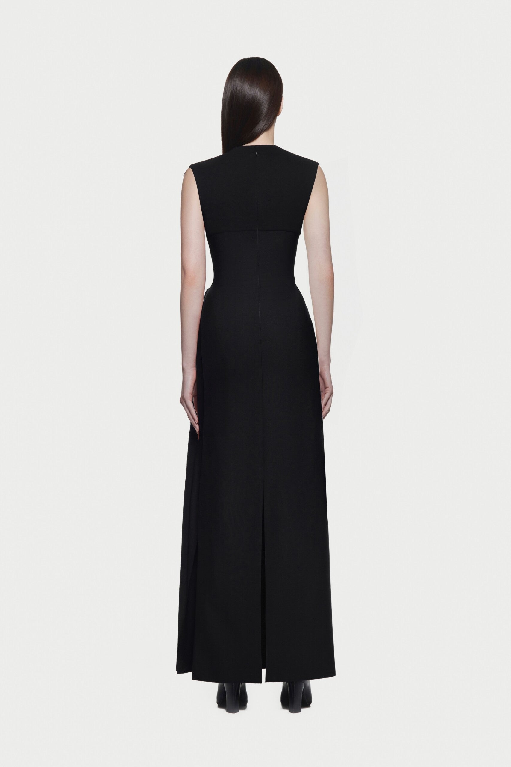 Mock Neck Sleeveless Side Metal Hardware Detail Diagonal Draped Maxi Gown