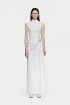 Mock Neck Sleeveless Side Metal Hardware Detail Diagonal Draped Maxi Gown