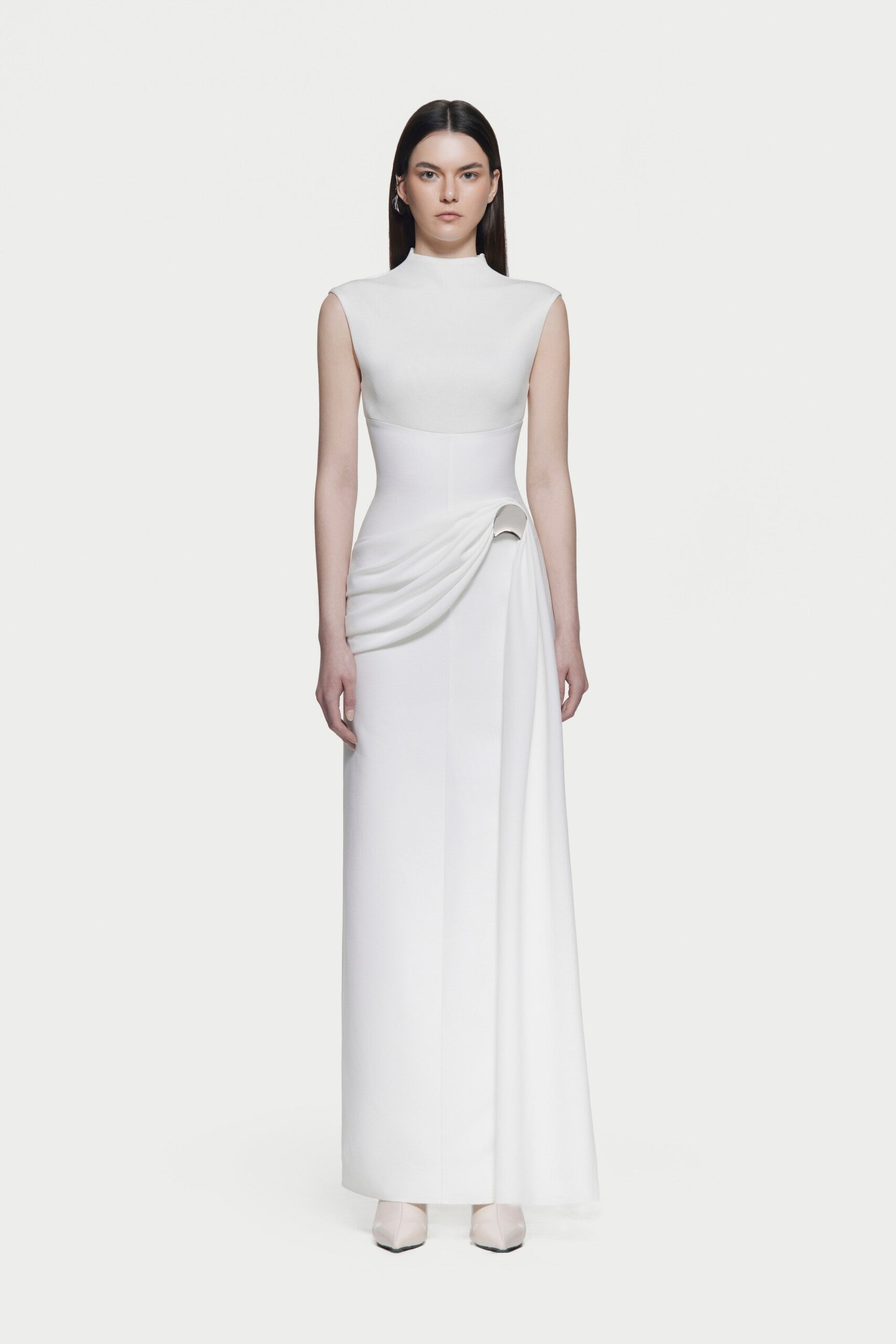 Mock Neck Sleeveless Side Metal Hardware Detail Diagonal Draped Maxi Gown