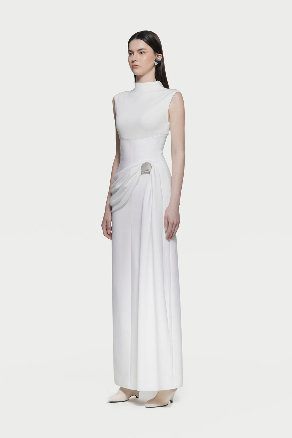 Mock Neck Sleeveless Side Metal Hardware Detail Diagonal Draped Maxi Gown