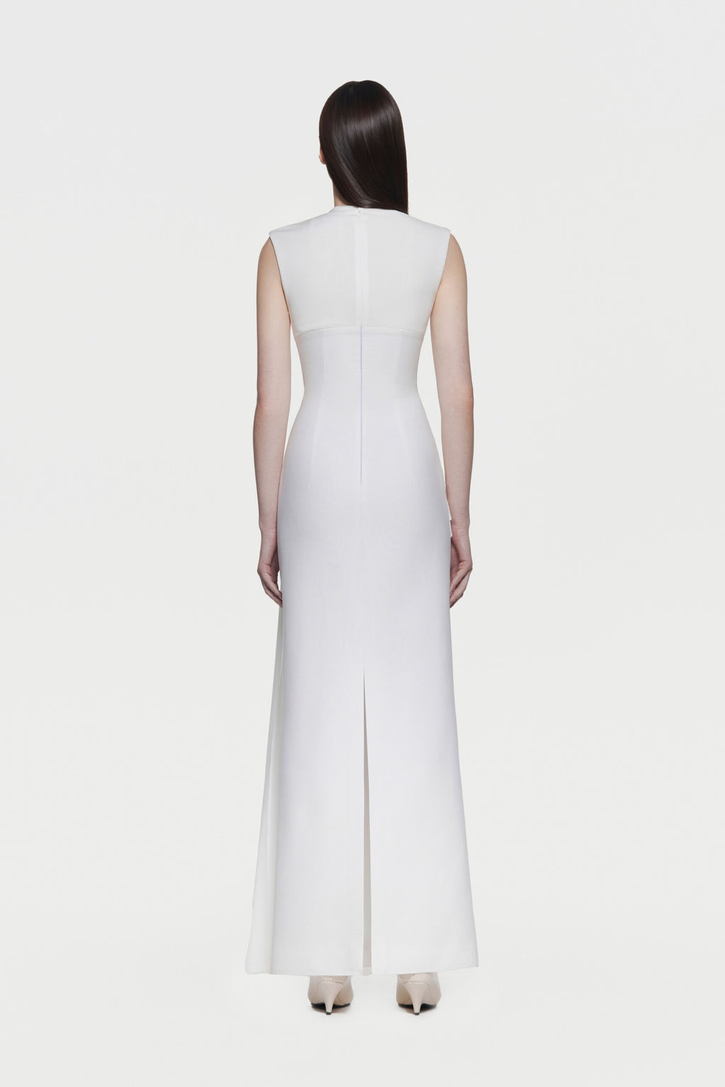 Mock Neck Sleeveless Side Metal Hardware Detail Diagonal Draped Maxi Gown