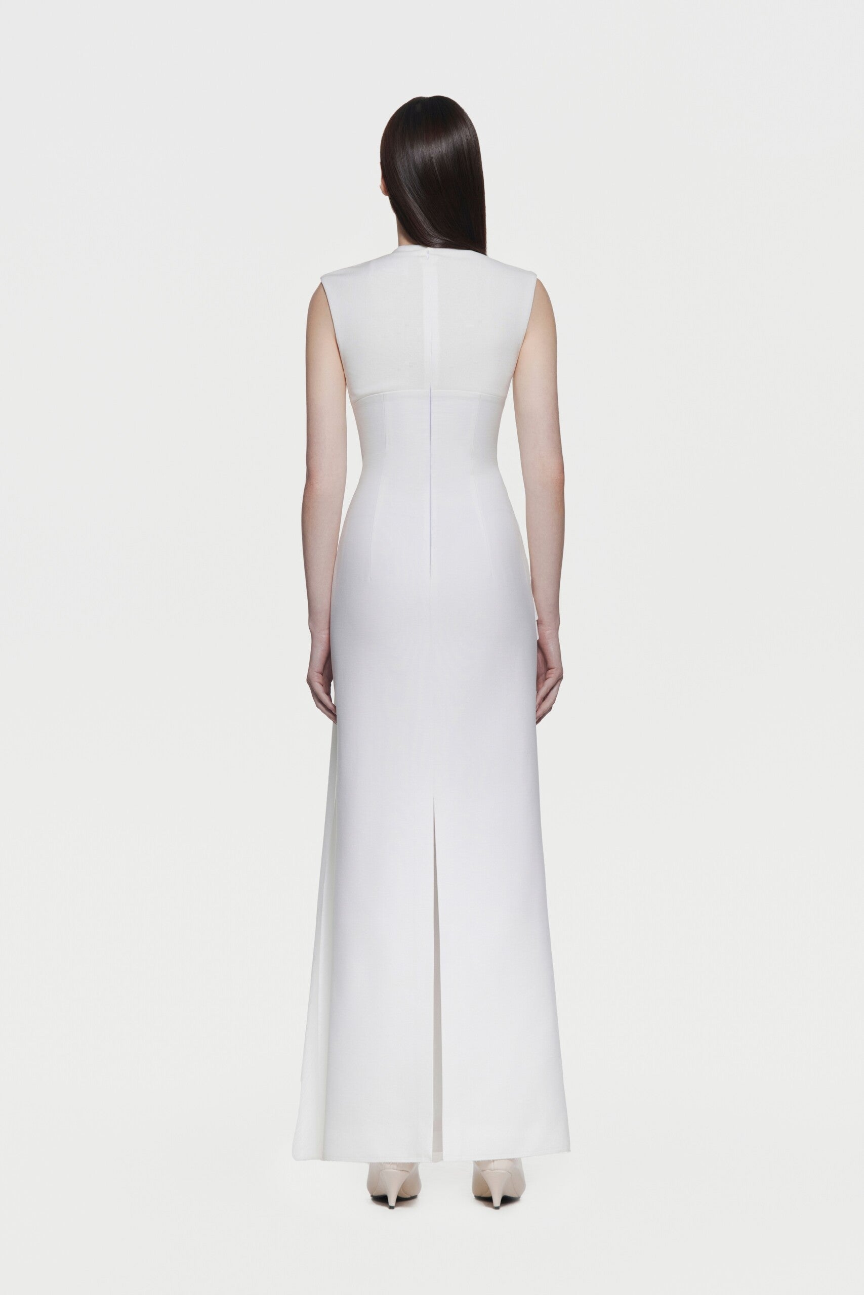 Mock Neck Sleeveless Side Metal Hardware Detail Diagonal Draped Maxi Gown