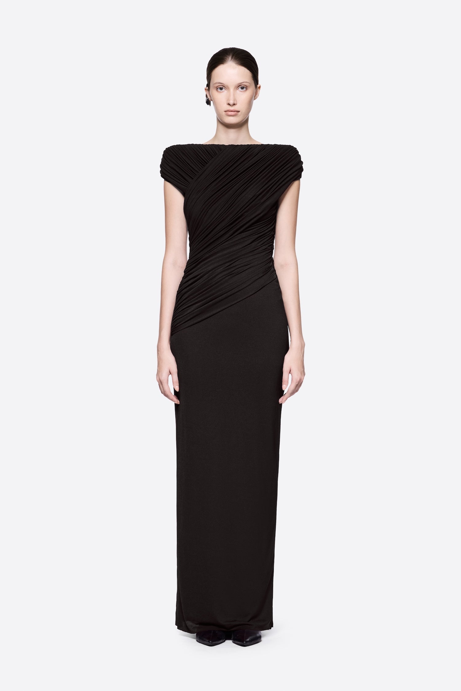 Diagonal Draped Ruched Bodice Sleeveless Floor Length Dress