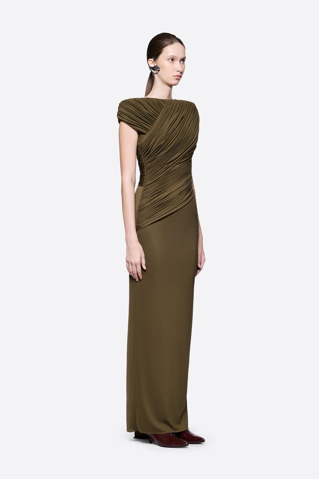 Diagonal Draped Ruched Bodice Sleeveless Floor Length Dress