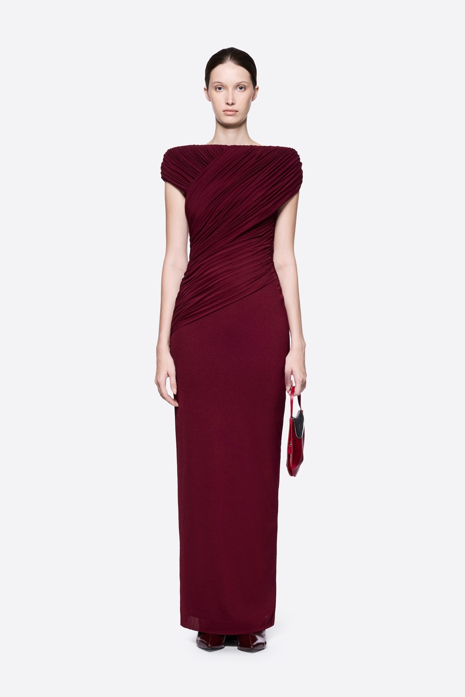 Diagonal Draped Ruched Bodice Sleeveless Floor Length Dress