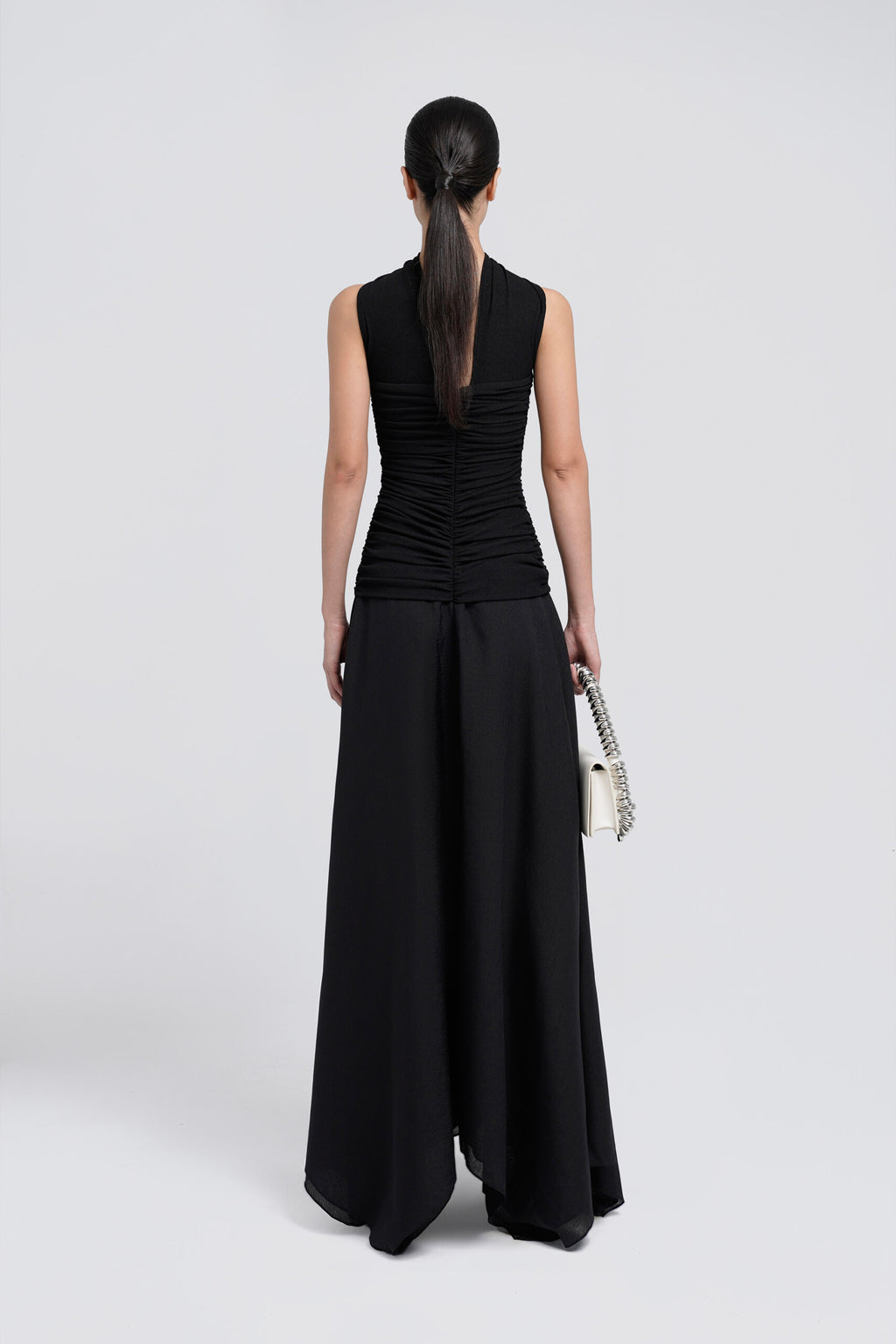 Strapless Ruched Tube Top Matching Detachable Scarf Neck Wrap Asymmetric Flowy Maxi Skirt Two Piece Set