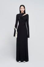 Minimalist Cross Wrap Gathered Bodice Flared Cuff Stretch Knit Formal Long Dress