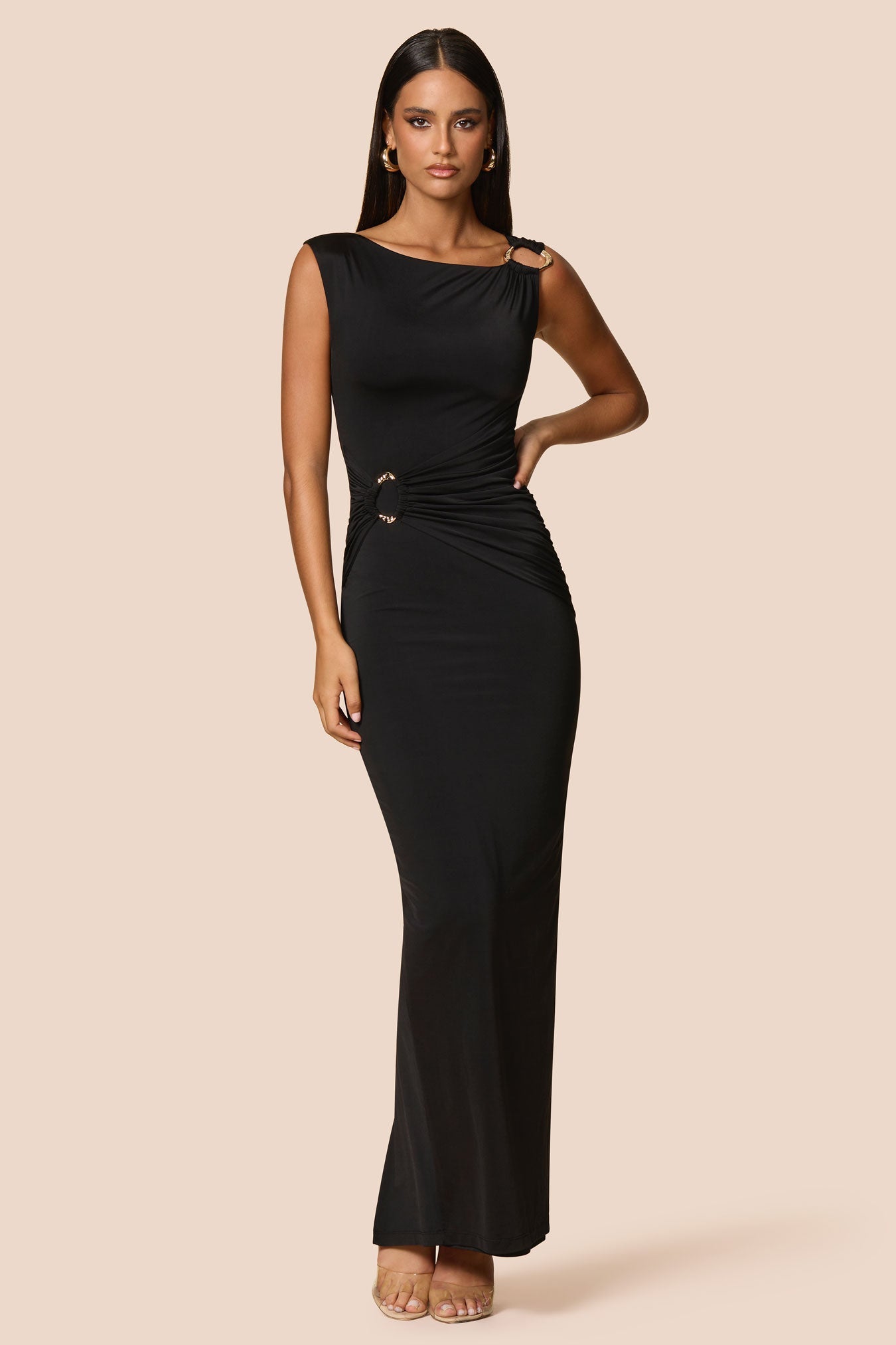 One Shoulder Hardware Ruched Slim Fit Evening Gown