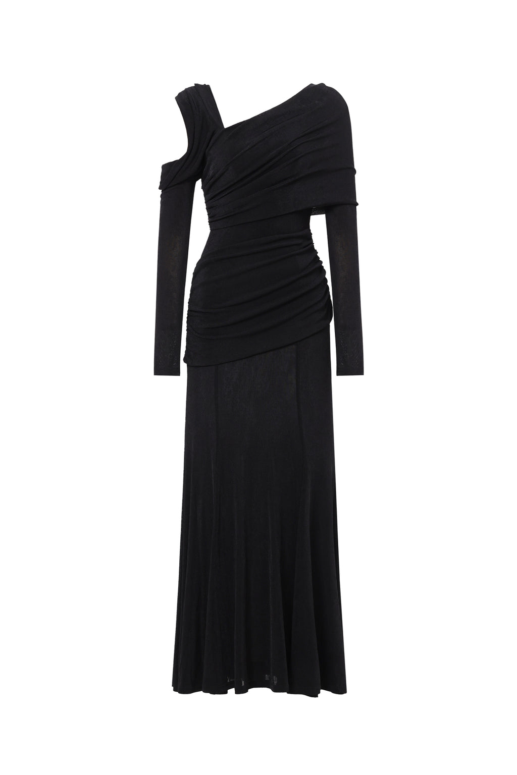 Asymmetric Cold Cutout Shoulder Long Sleeve Draped Neck Slim Fit Mermaid Floor Length Maxi Gown