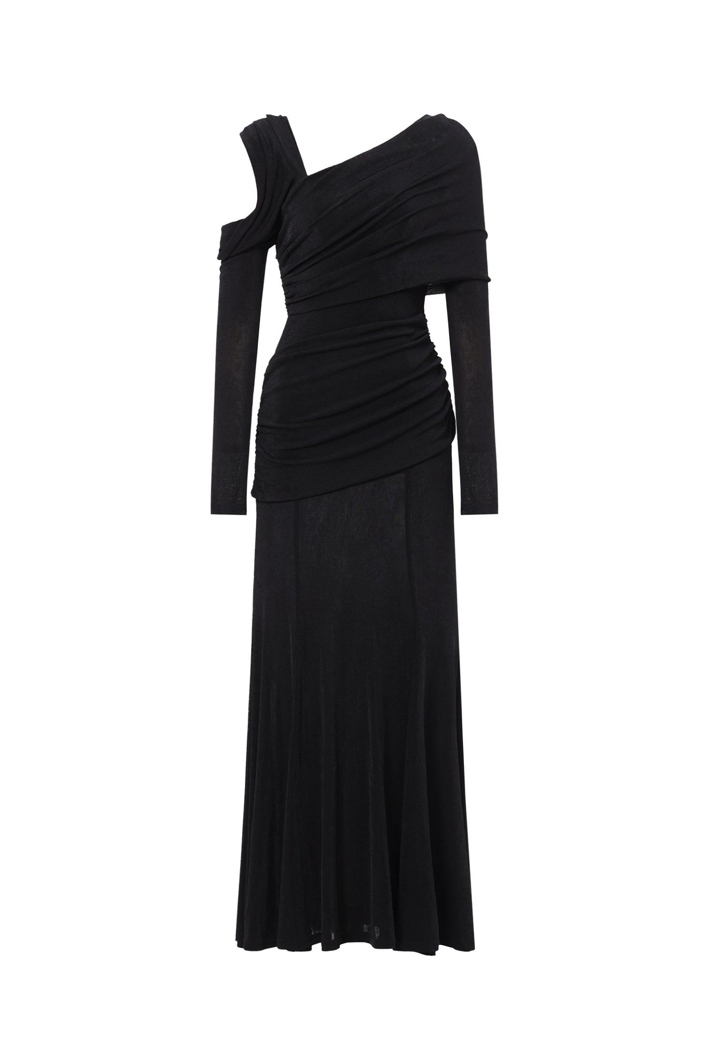 Asymmetric Cold Cutout Shoulder Long Sleeve Draped Neck Slim Fit Mermaid Floor Length Maxi Gown