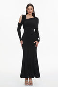 Asymmetric Cold Cutout Shoulder Long Sleeve Draped Neck Slim Fit Mermaid Floor Length Maxi Gown