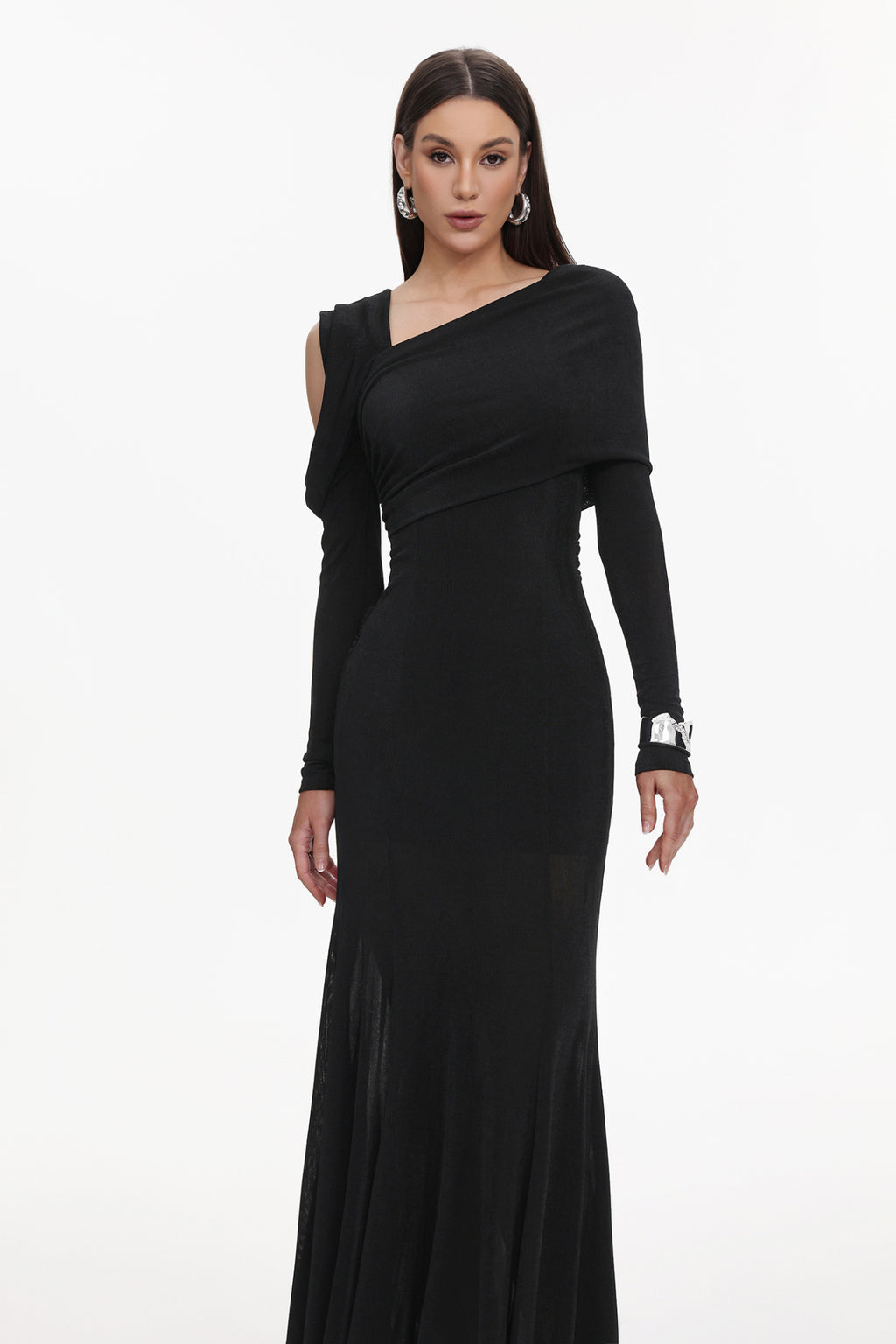 Asymmetric Cold Cutout Shoulder Long Sleeve Draped Neck Slim Fit Mermaid Floor Length Maxi Gown