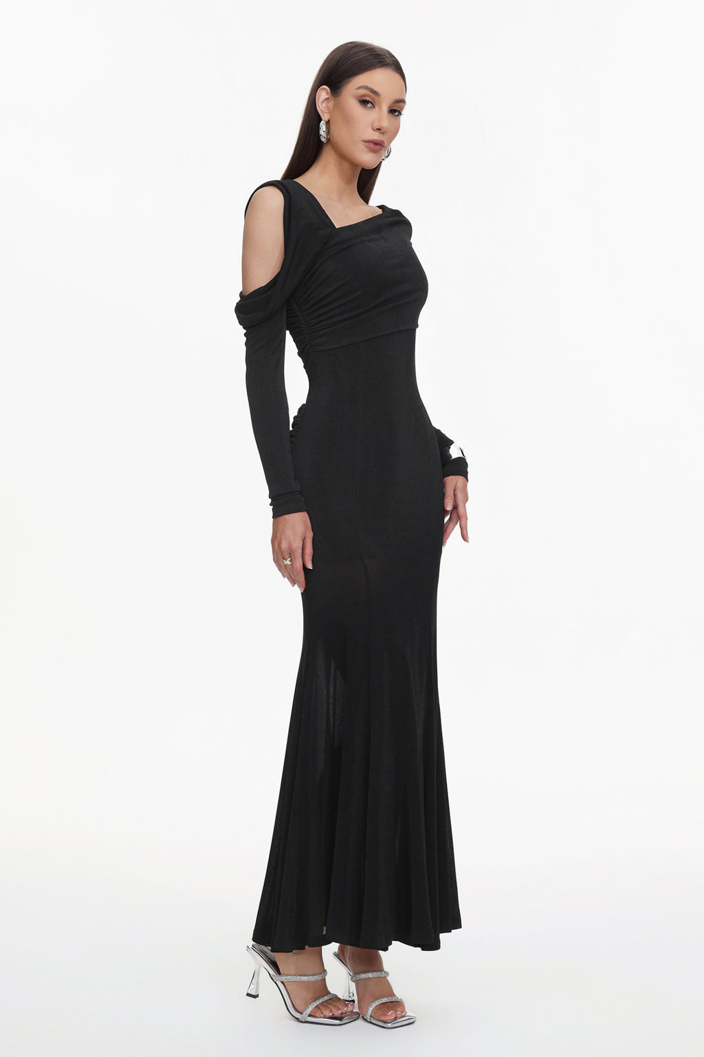 Asymmetric Cold Cutout Shoulder Long Sleeve Draped Neck Slim Fit Mermaid Floor Length Maxi Gown